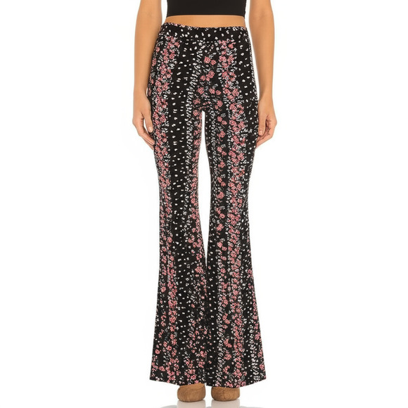 FOREVER 21 Pull On Pants Black Multi Floral Flare Wide Leg Boho Festival Ditsy - Picture 1 of 10